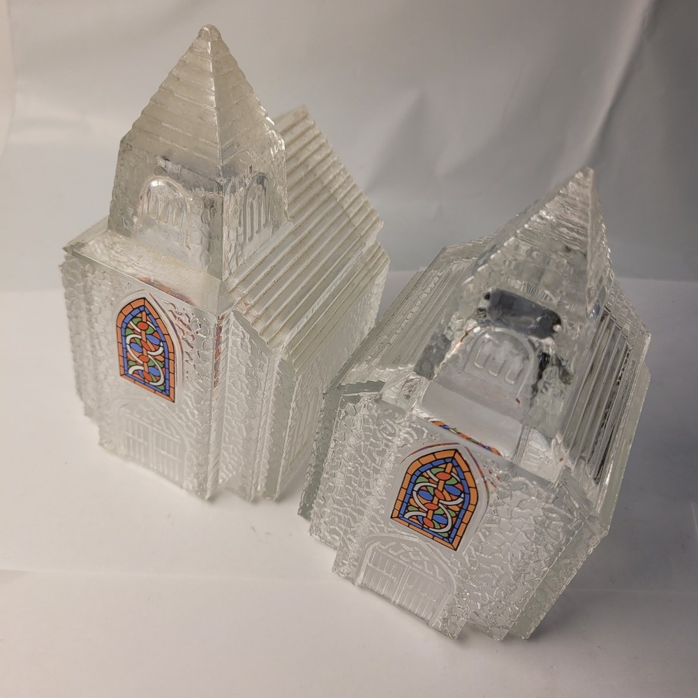 Glass Church Figurine Set Lot of 2 Clear Pressed Stained Glass Vintage Decal 6in